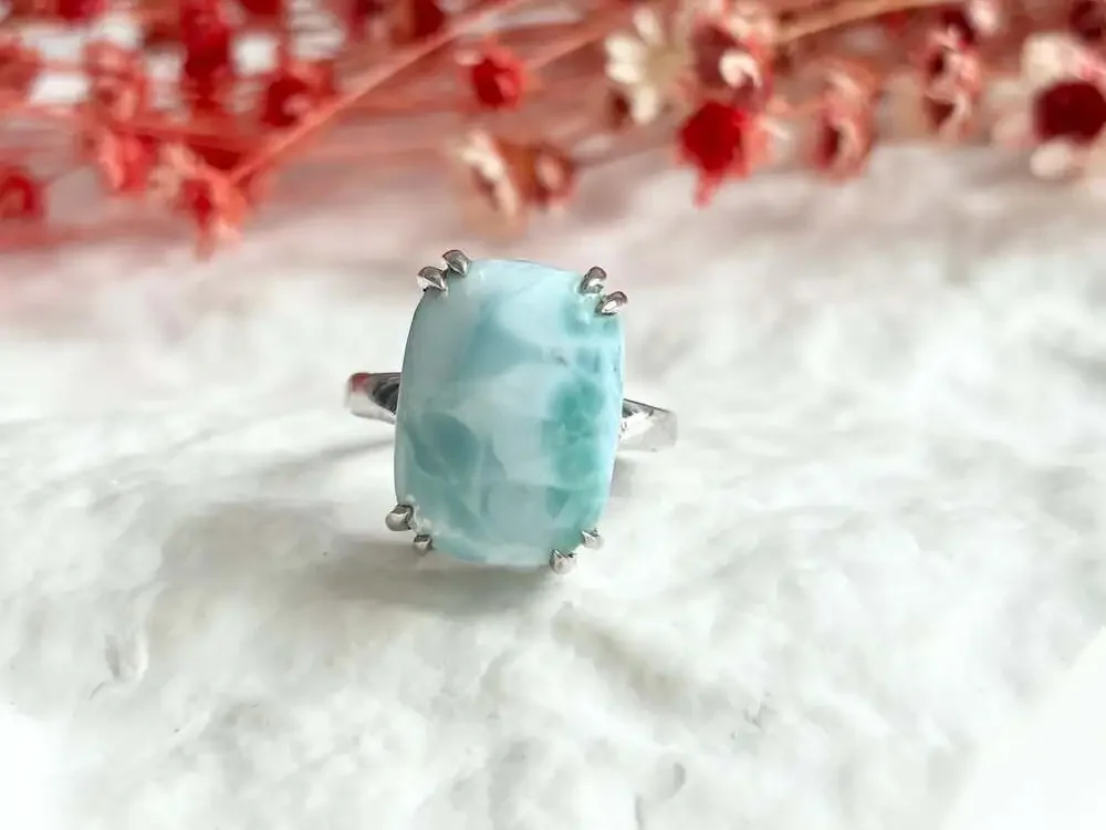 Larimar Solitaire Cabochon Gemstone Sterling Silver Claw Prong Set 925 Vintage R